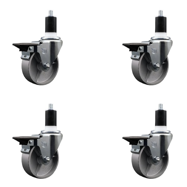 4'' Semi Steel Swivel 1-1/2'' Expanding Stem Caster Set with Brake, 4PK